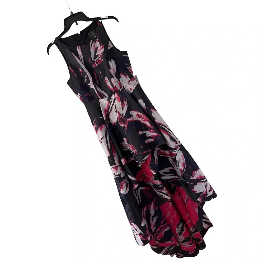 Adrianna Papell Floral High Low Dress Size 4 Black Pink Formal Evening Gown - Picture 10 of 12